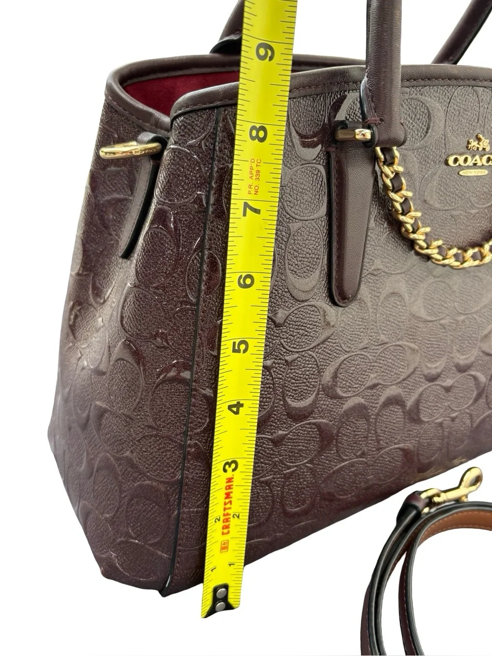 Coach Margot Carryall in Signature Debossed Patent Leather Oxblood